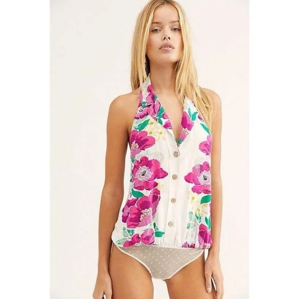 Intimately Free People Floral & Lace Button Down Halter Bodysuit